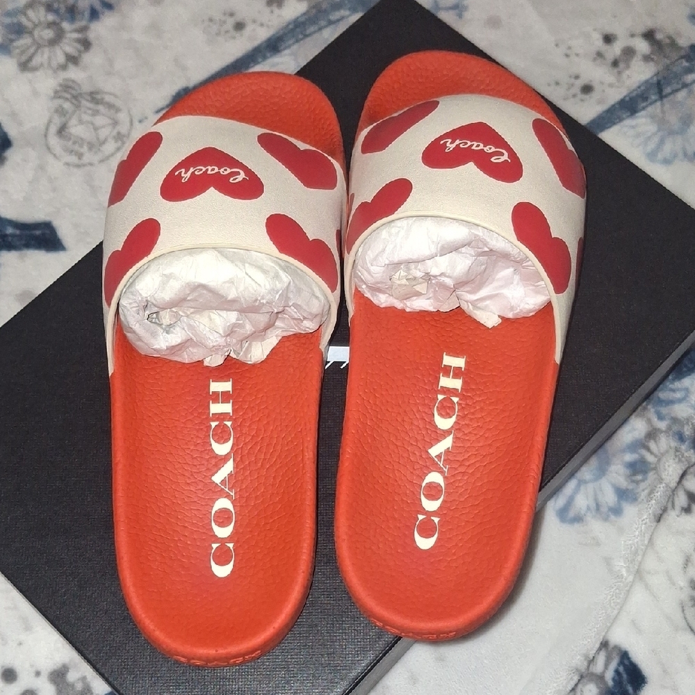 Coach Red and White Heart Slides - Picture 3 of 9